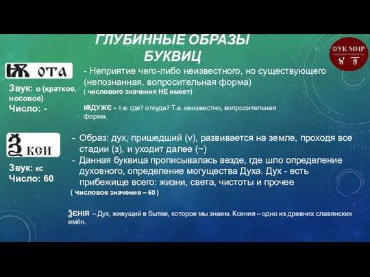 ГЛУБИННЫЕ ОБРАЗЫ БУКВИЦ Звук: о (краткое, носовое) Число: - - Неприятие чего-либо неизвестного,