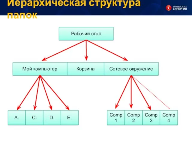 Иерархическая структура папок Рабочий стол Сетевое окружение Е: