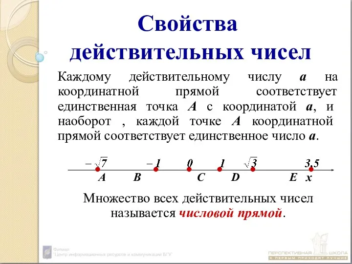 Свойства действительных чисел Каждому действительному числу а на координатной прямой