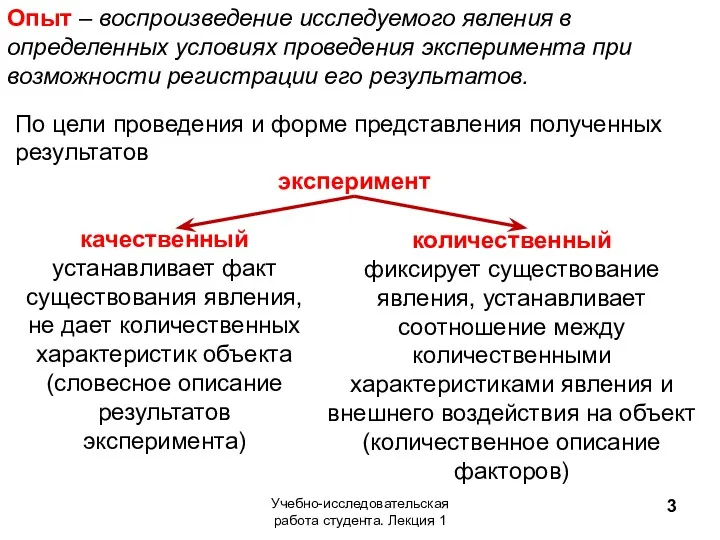 Опыт – воспроизведение исследуемого явления в определенных условиях проведения эксперимента при возможности регистрации