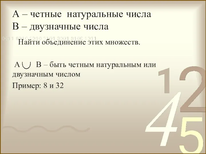 А – четные натуральные числа В – двузначные числа Найти