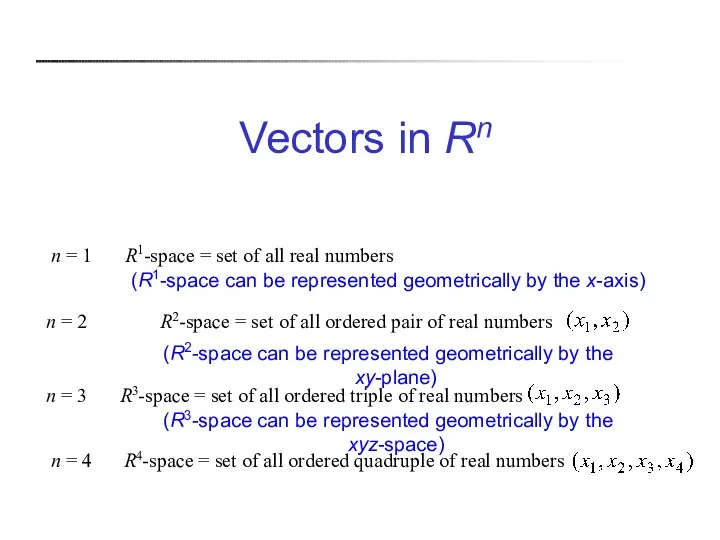Vectors in Rn (R1-space can be represented geometrically by the x-axis) (R2-space can