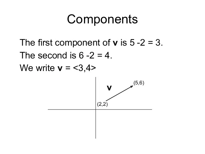 Components The first component of v is 5 -2 = 3. The second