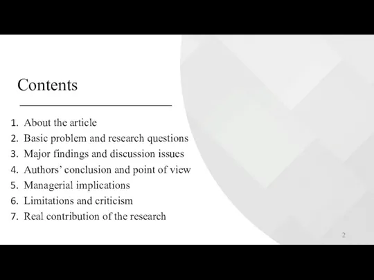 Contents About the article Basic problem and research questions Major