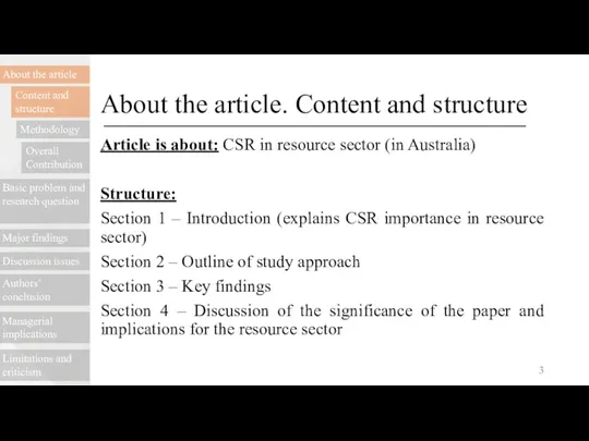 About the article. Content and structure Article is about: CSR