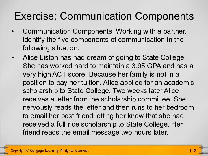 Exercise: Communication Components Communication Components Working with a partner, identify