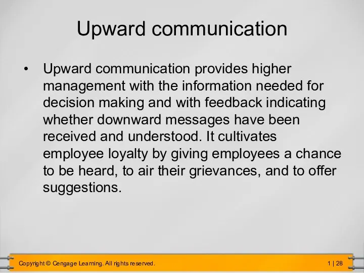 Upward communication Upward communication provides higher management with the information