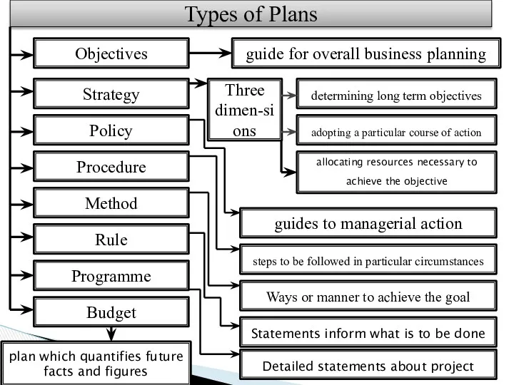 Types of Plans Objectives Rule Procedure Strategy Policy Method Programme