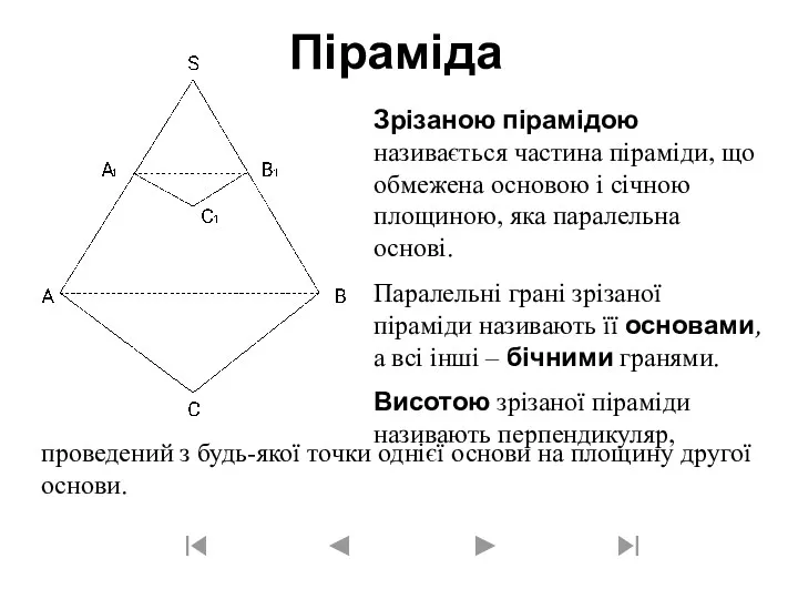 Піраміда Зрізаною пірамідою називається частина піраміди, що обмежена основою і