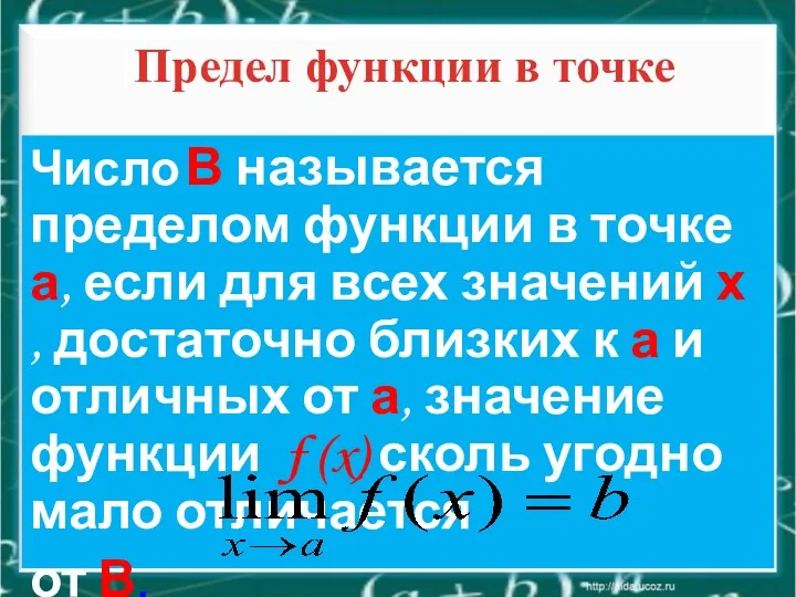 Предел функции в точке Число В называется пределом функции в