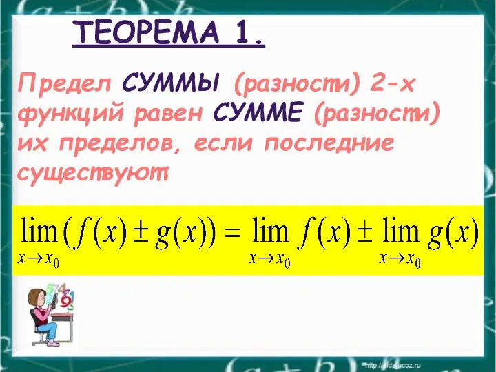 ТЕОРЕМА 1. Предел СУММЫ (разности) 2-х функций равен СУММЕ (разности) их пределов, если последние существуют: