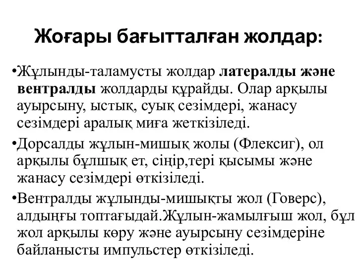 Жоғары бағытталған жолдар: Жұлынды-таламусты жолдар латералды және вентралды жолдарды құрайды.