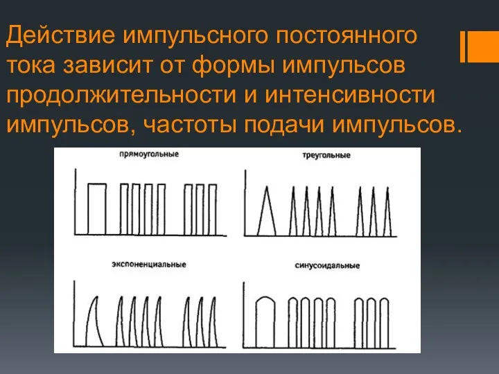 Действие импульсного постоянного тока зависит от формы импульсов продолжительности и интенсивности импульсов, частоты подачи импульсов.