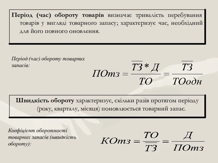 Період (час) обороту товарних запасів: Коефіцієнт оборотності товарних запасів (швидкість обороту):