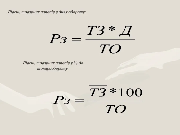 Рівень товарних запасів в днях обороту: Рівень товарних запасів у % до товарообороту: