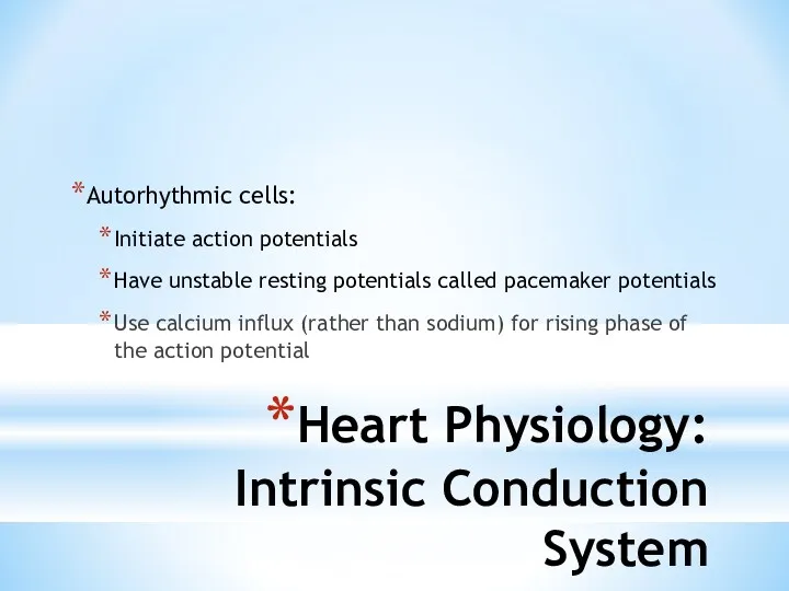 Heart Physiology: Intrinsic Conduction System Autorhythmic cells: Initiate action potentials Have unstable resting
