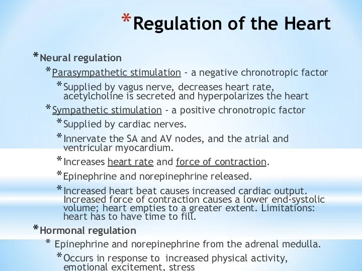 Regulation of the Heart Neural regulation Parasympathetic stimulation - a negative chronotropic factor