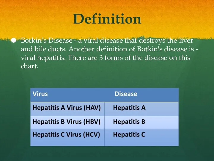 Definition Botkin’s Disease - a viral disease that destroys the