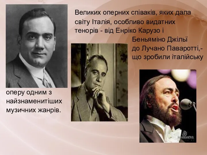 Великих оперних співаків, яких дала світу Італія, особливо видатних тенорів