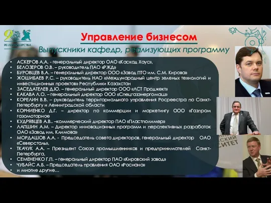 Выпускники кафедр, реализующих программу АСКЕРОВ А.А. - генеральный директор ОАО «Каскад Хаус», БЕЛОЗЕРОВ