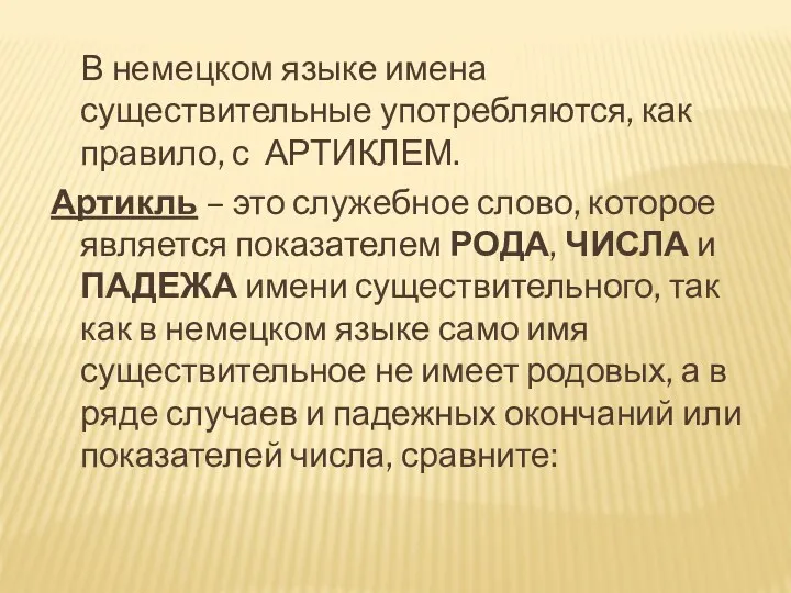 В немецком языке имена существительные употребляются, как правило, с АРТИКЛЕМ.