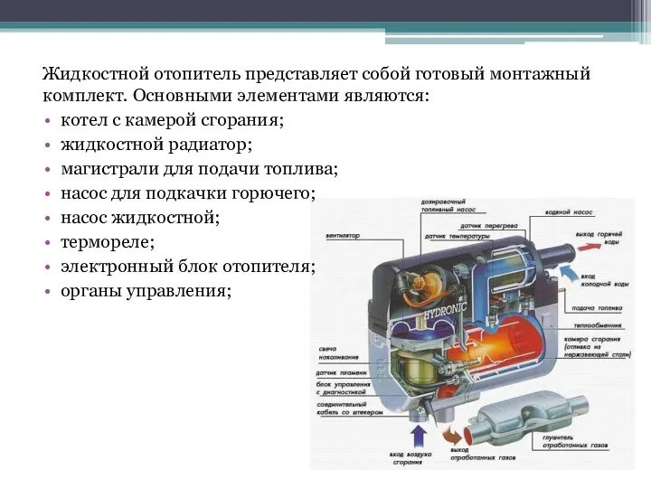 Жидкостной отопитель представляет собой готовый монтажный комплект. Основными элементами являются: