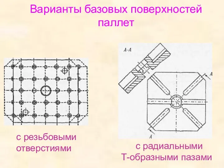 Варианты базовых поверхностей паллет с резьбовыми отверстиями с радиальными Т-образными пазами