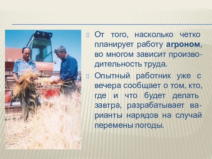 От того, насколько четко планирует работу агроном, во многом зависит произво-дительность труда. Опытный