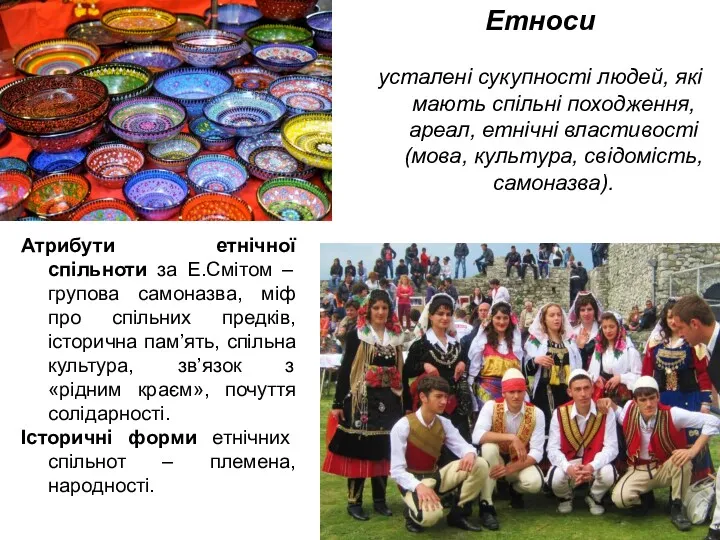 Атрибути етнічної спільноти за Е.Смітом – групова самоназва, міф про