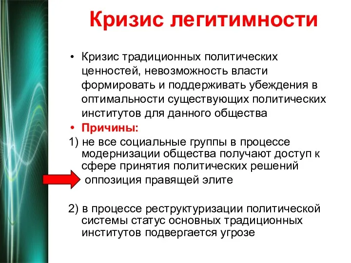 Кризис легитимности Кризис традиционных политических ценностей, невозможность власти формировать и