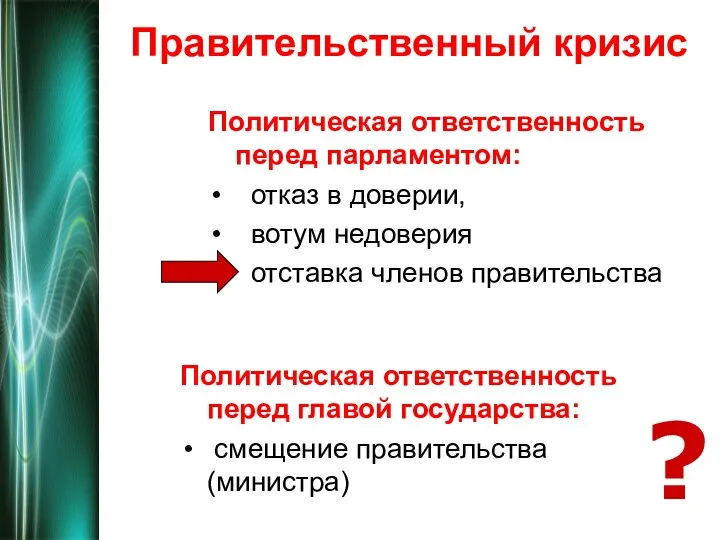 Правительственный кризис Политическая ответственность перед парламентом: отказ в доверии, вотум