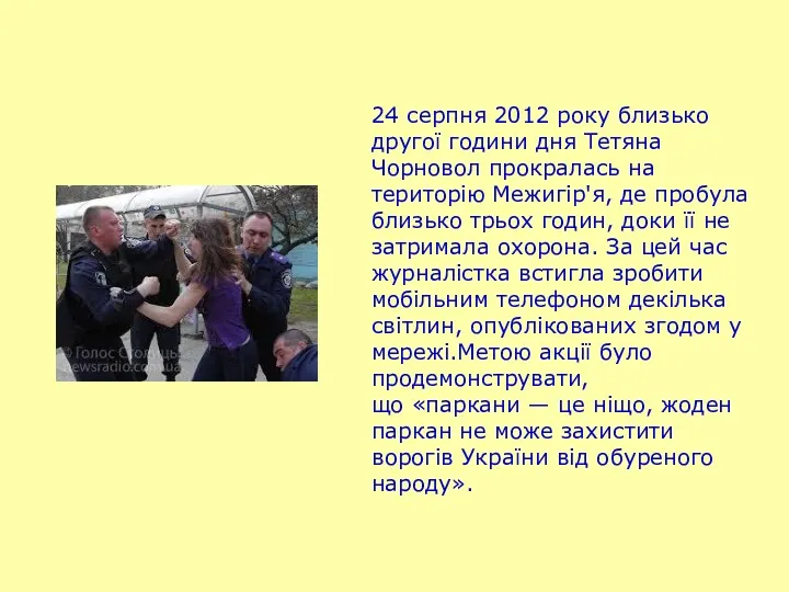24 серпня 2012 року близько другої години дня Тетяна Чорновол прокралась на територію
