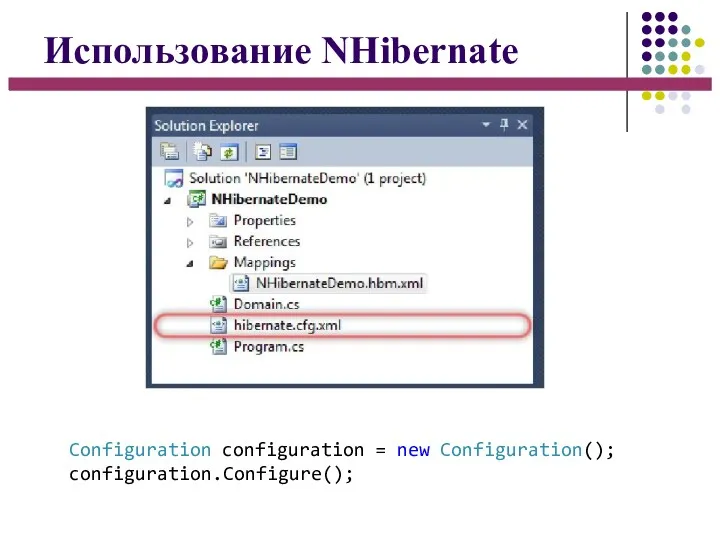 Использование NHibernate Configuration configuration = new Configuration(); configuration.Configure();