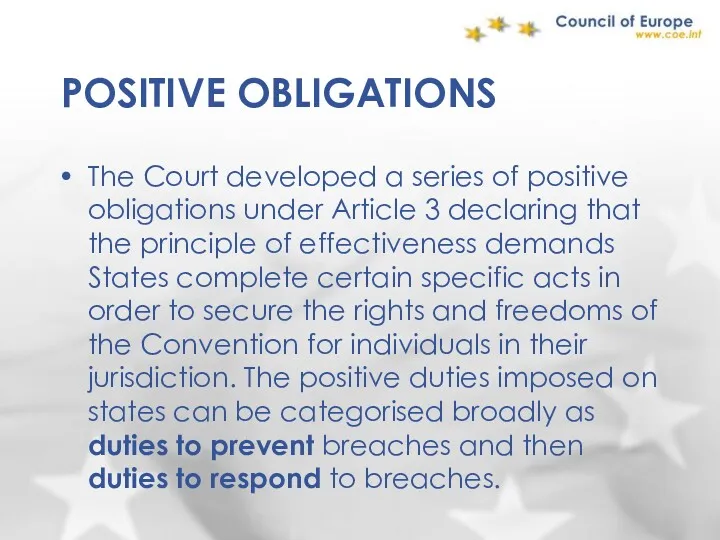 POSITIVE OBLIGATIONS The Court developed a series of positive obligations under Article 3