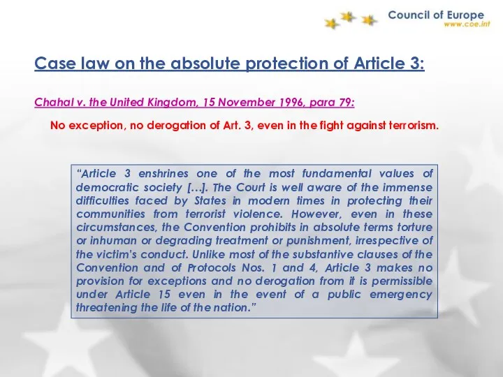 Case law on the absolute protection of Article 3: Chahal v. the United