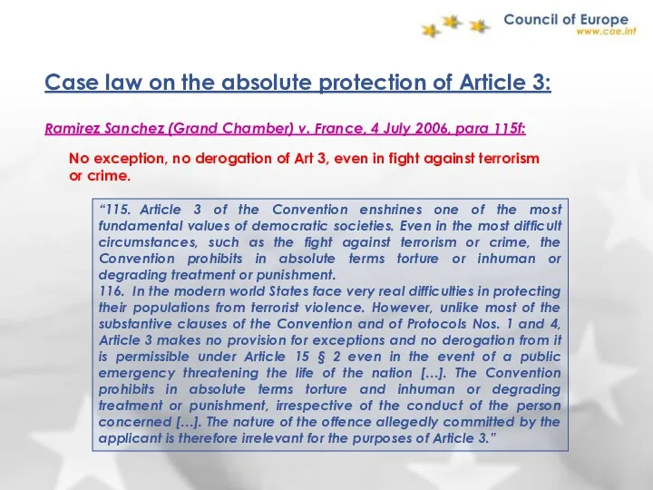 Case law on the absolute protection of Article 3: Ramirez Sanchez (Grand Chamber)