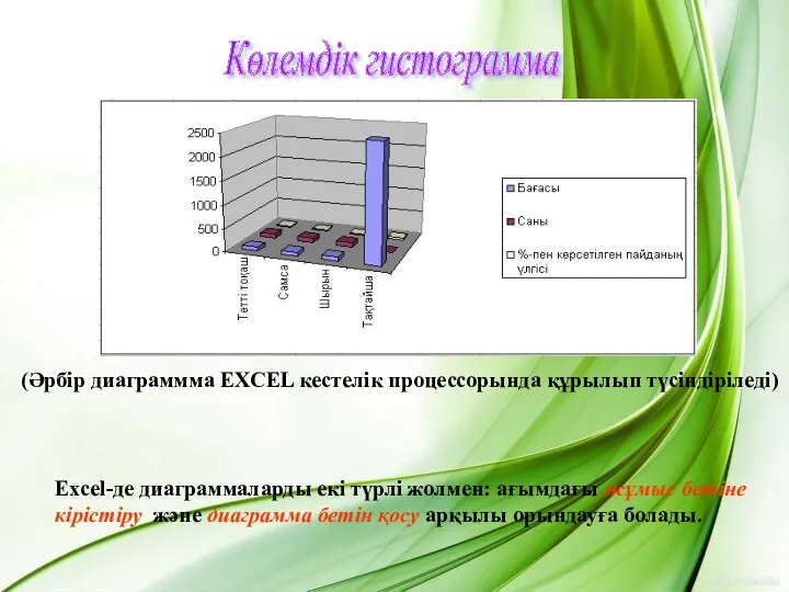 Көлемдік гистограмма (Әрбір диаграммма EXCEL кестелік процессорында құрылып түсіндіріледі) Excel-де