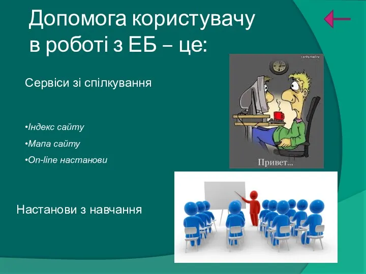 Допомога користувачу в роботі з ЕБ – це: Сервіси зі