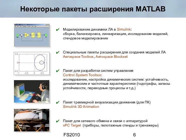 FS2010 Некоторые пакеты расширения MATLAB Моделирование динамики ЛА в Simulink: