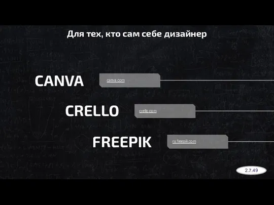 Для тех, кто сам себе дизайнер CANVA CRELLO FREEPIK canva.com crello.com ru.freepik.com 2.7.49