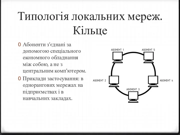 Типологія локальних мереж. Кільце Абоненти з’єднані за допомогою спеціального економного