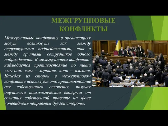 МЕЖГРУППОВЫЕ КОНФЛИКТЫ Межгрупповые конфликты в организациях могут возникнуть как между