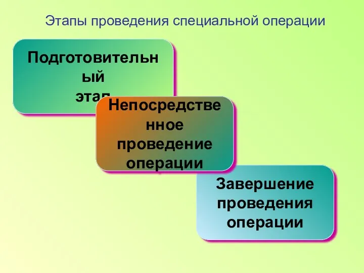 Этапы проведения специальной операции Подготовительный этап Завершение проведения операции Непосредственное проведение операции