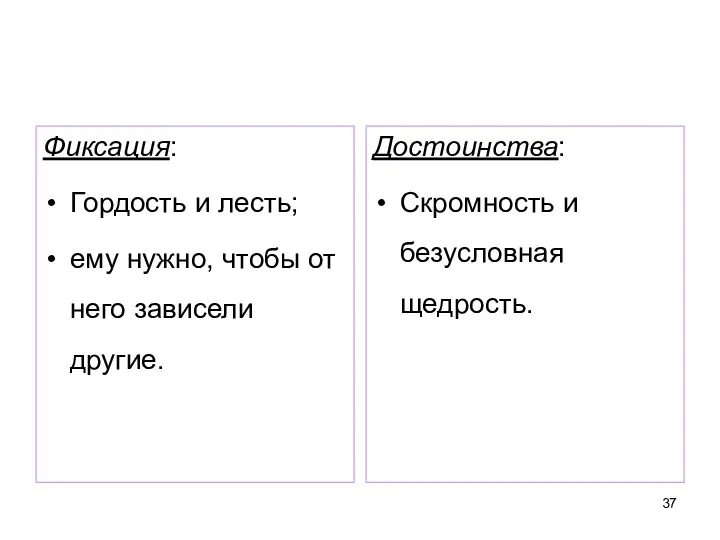 Фиксация: Гордость и лесть; ему нужно, чтобы от него зависели другие. Достоинства: Скромность и безусловная щедрость.