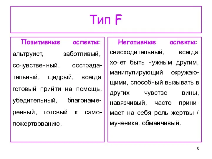 Тип F Позитивные аспекты: альтруист, заботливый, сочувственный, сострада-тельный, щедрый, всегда