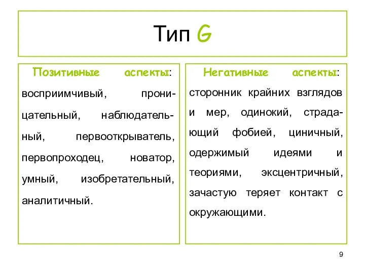 Тип G Позитивные аспекты: восприимчивый, прони-цательный, наблюдатель-ный, первооткрыватель, первопроходец, новатор,