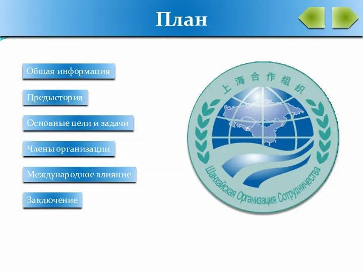 План Общая информация Предыстория Основные цели и задачи Члены организации Международное влияние Заключение