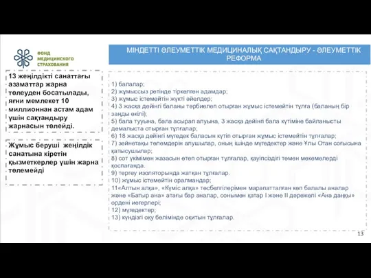 1) балалар; 2) жұмыссыз ретінде тіркелген адамдар; 3) жұмыс істемейтін жүкті әйелдер; 4)