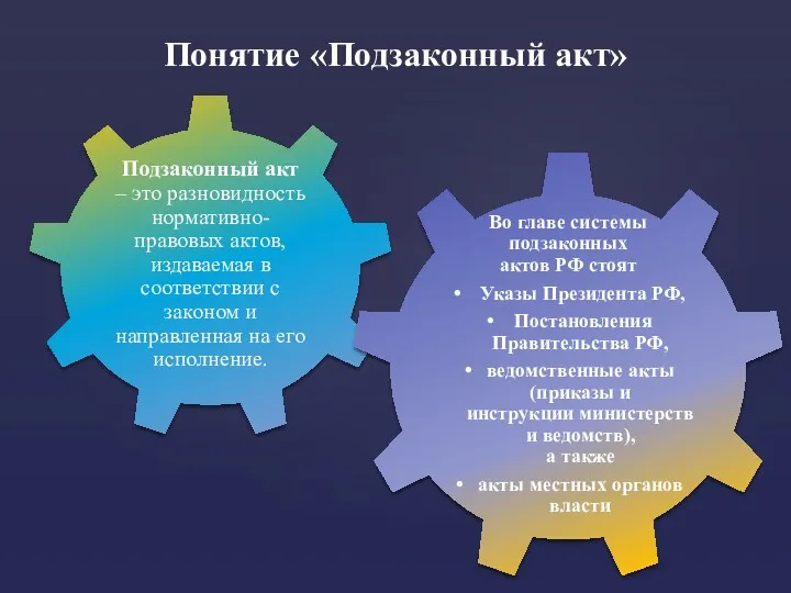 Понятие «Подзаконный акт» Подзаконный акт – это разновидность нормативно-правовых актов,