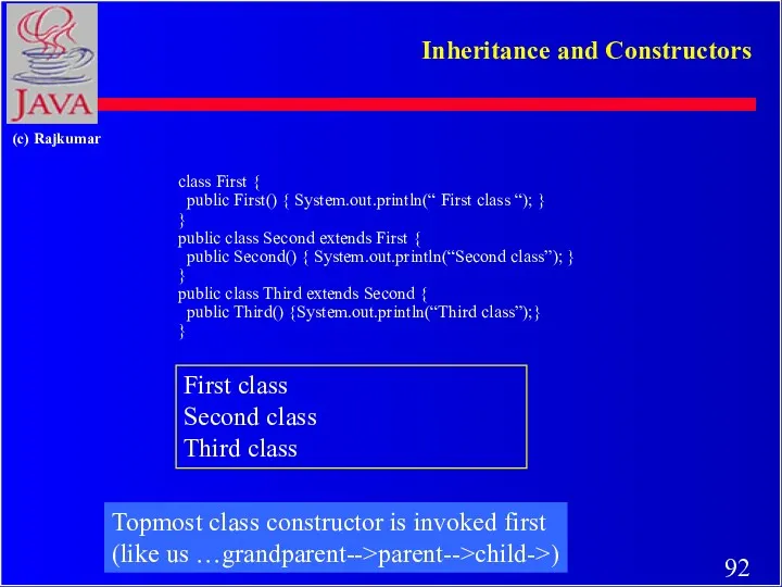 class First { public First() { System.out.println(“ First class “);
